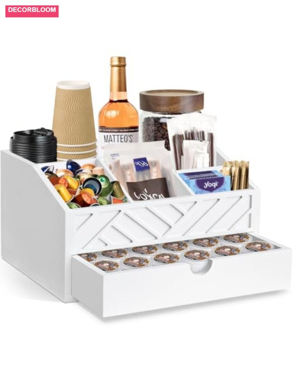 Wood Coffee Bar Organizer with Drawer, Coffee Station Countertop Storage for